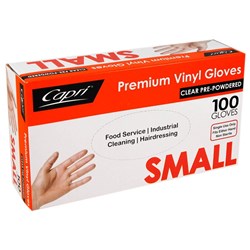 GLOVE DISPOSABLE SMALL CLEAR VINYL POWDERED 100S(10) # C-GV0001 CAPRI