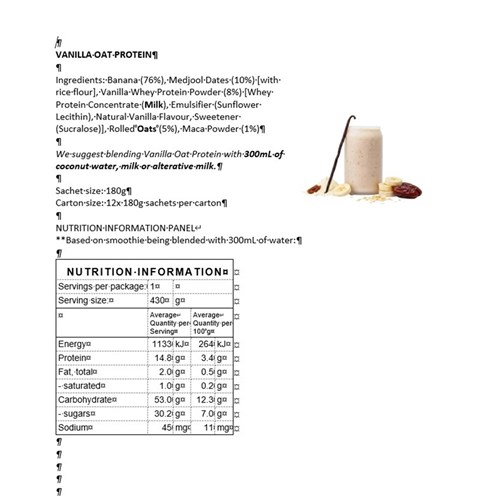 SMOOTHIE VANILLA OAT READY TO BLEND PROTEIN (12 X 180GM) # VOP180RTBS12 ALLIES FOODS