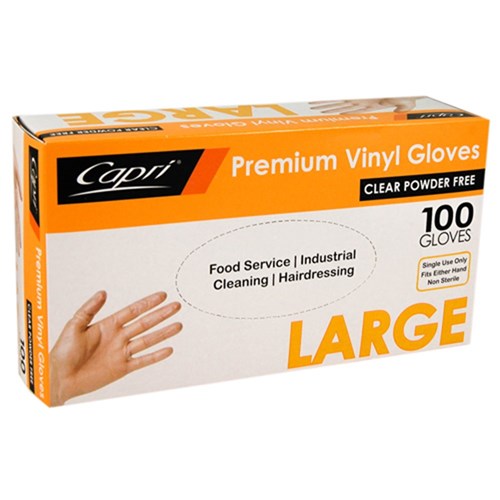 GLOVE LARGE VINYL CLEAR POWDER FREE DISPOSABLE 100S(10) # C-GV0006 CAPRI