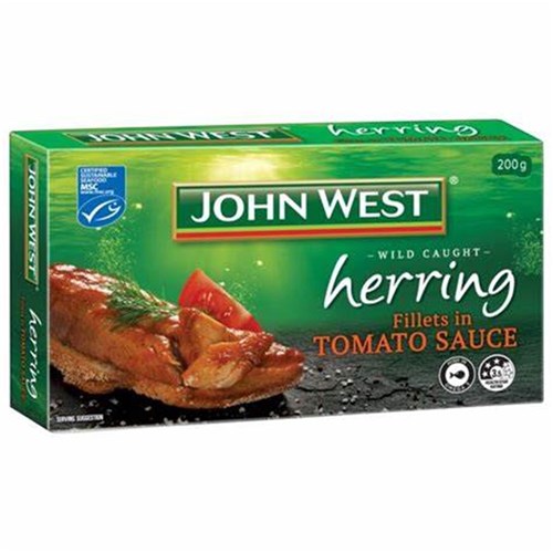 HERRING FILLET IN TOMATO SAUCE 200GM (9) # 11589 JOHN WEST