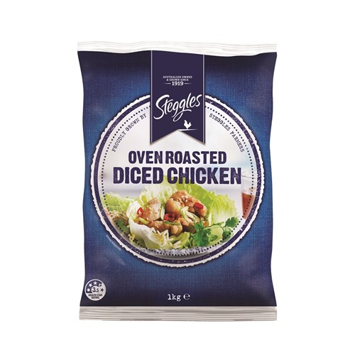 CHICKEN MEAT DICED SKINLESS OVEN ROASTED 1KG(6) GF # 55975 STEGGLES